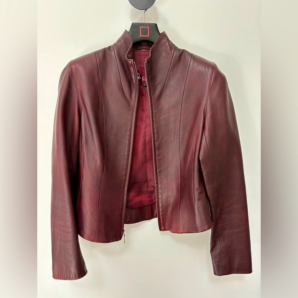 Burgundy Brown Moto Leather Jacket with Zipper Retro Y2K Tailored
